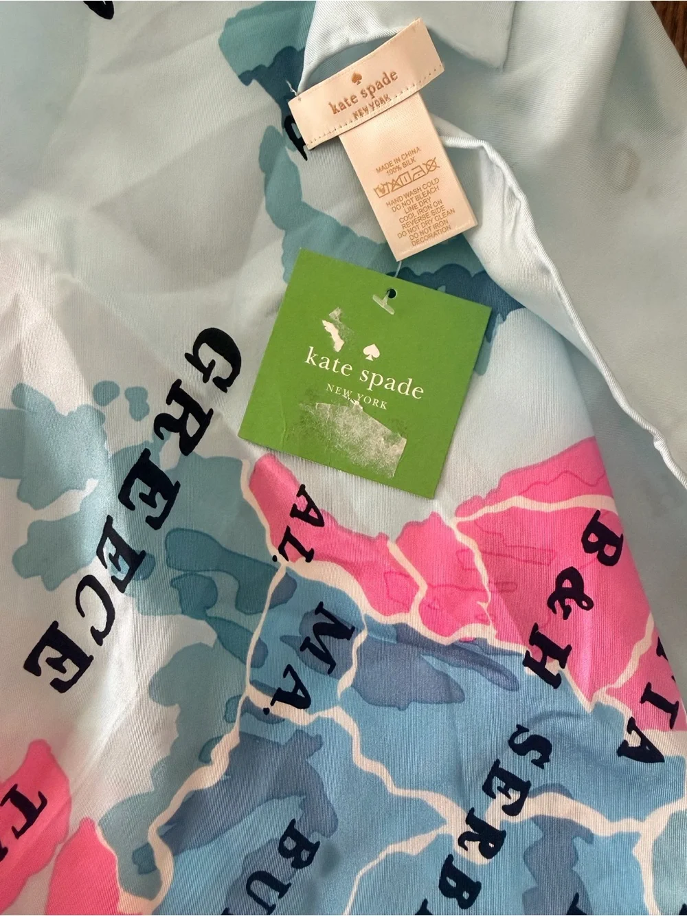 Kate Spade Going Places Europe Map 100% Silk Scarf Icy Blue Pink NWT